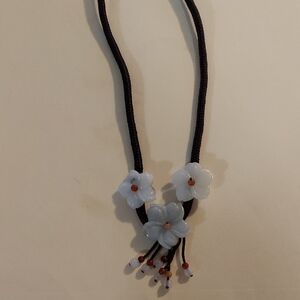 Chic Jade  Floral Necklace with White and Black Design